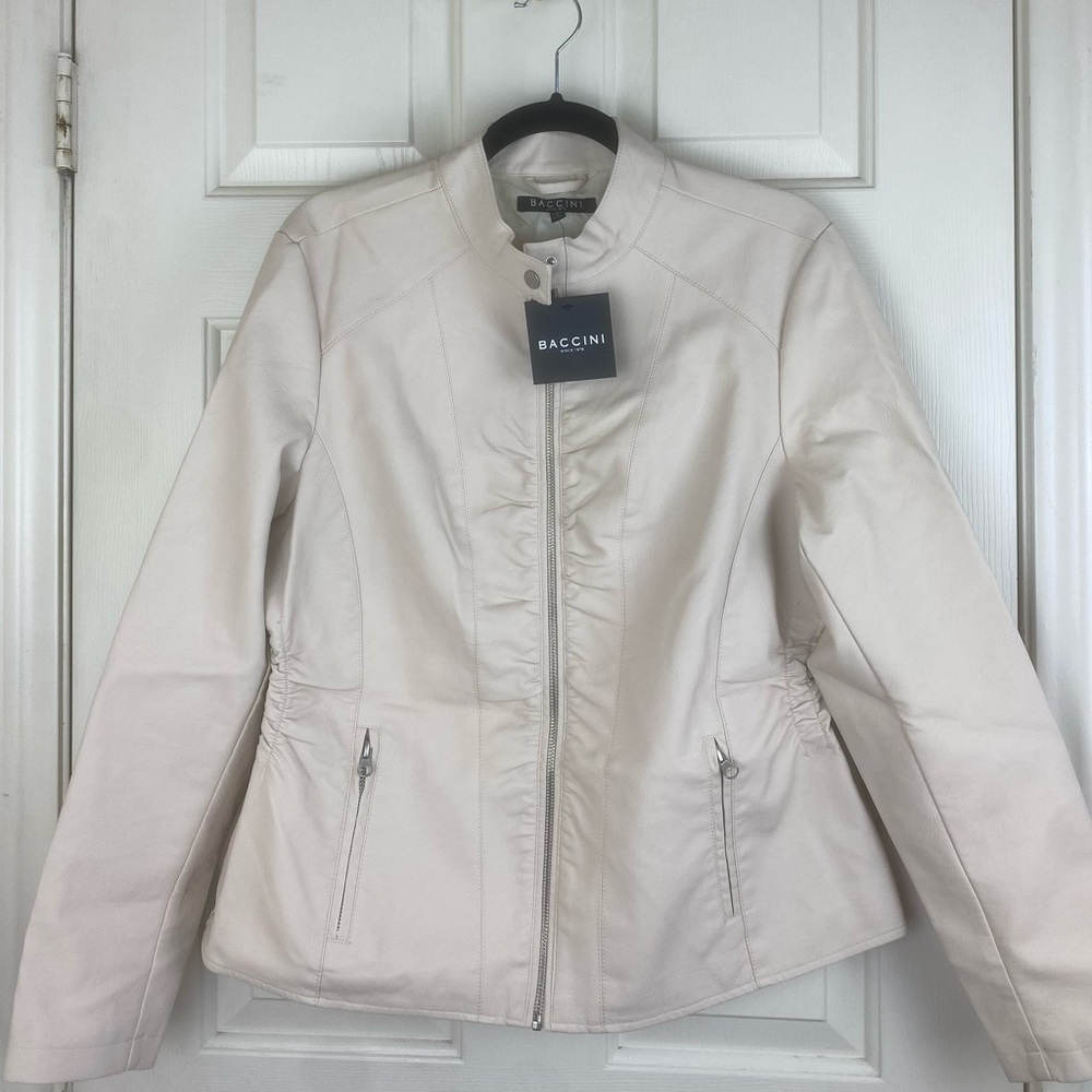 Baccini Faux Leather Cream Zip Up Jacket NWT Large